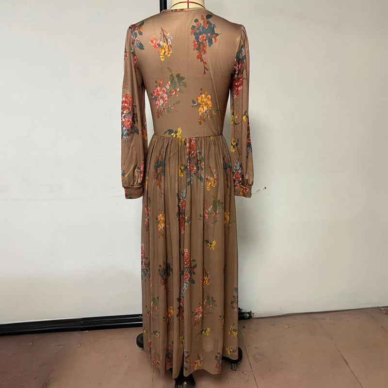 Women's V-Neck Floral Print Long Sleeve Dress With Cuffed Sleeves Flowy Maxi Summer Vacation Party Dress