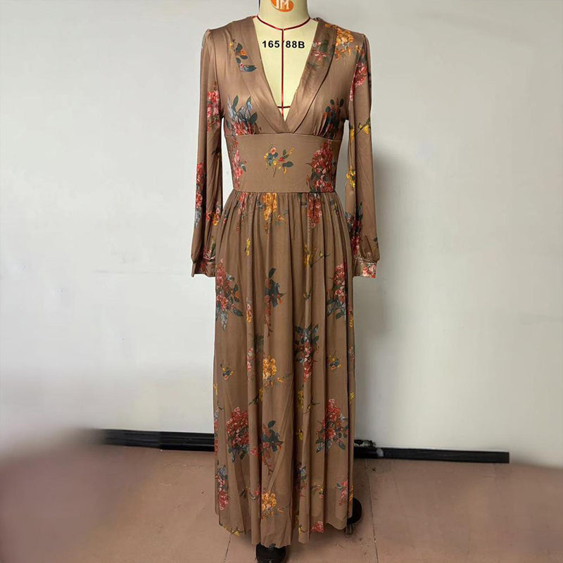 Women's V-Neck Floral Print Long Sleeve Dress With Cuffed Sleeves Flowy Maxi Summer Vacation Party Dress