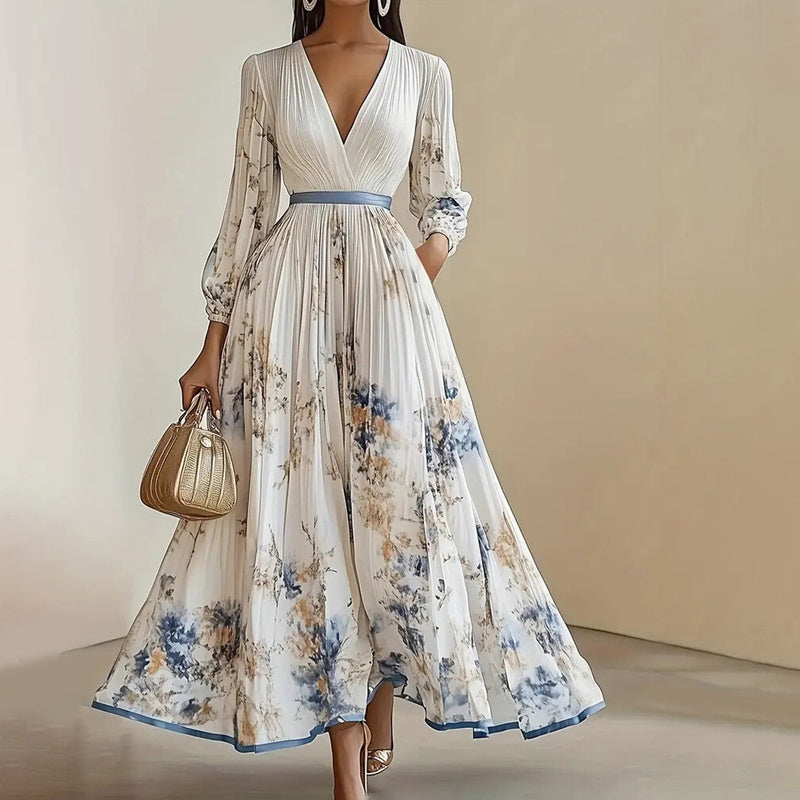 Women's Floral Print V-Neck Long Sleeve Maxi Dress A-Line Flowy Ruffled For Spring&Summer Vacation & Evening Party
