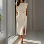 Women's Solid Color Round Neck Short Sleeve Dress With Side Slit, Button & Pockets - A-Line Cinched Waist Summer Casual Office Wear
