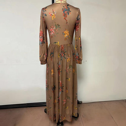 Women's V-Neck Floral Print Long Sleeve Dress With Cuffed Sleeves Flowy Maxi Summer Vacation Party Dress