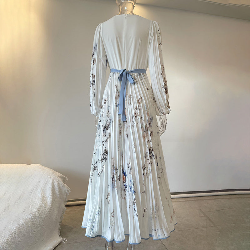 Women's Floral Print V-Neck Long Sleeve Maxi Dress A-Line Flowy Ruffled For Spring&Summer Vacation & Evening Party
