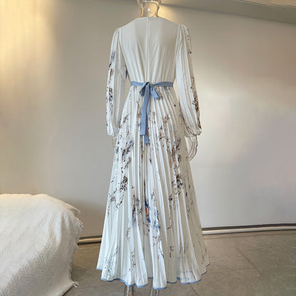 Women's Floral Print V-Neck Long Sleeve Maxi Dress A-Line Flowy Ruffled For Spring&Summer Vacation & Evening Party