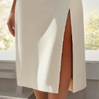 Women's Solid Color Round Neck Short Sleeve Dress With Side Slit, Button & Pockets - A-Line Cinched Waist Summer Casual Office Wear