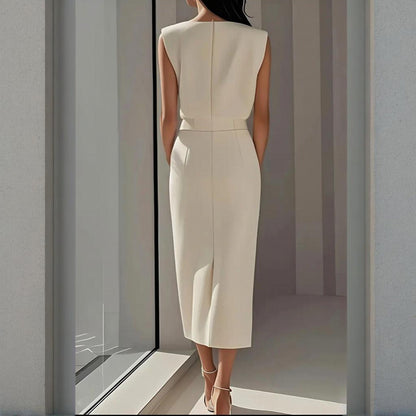 Women's Solid Color Round Neck Short Sleeve Dress With Side Slit, Button & Pockets - A-Line Cinched Waist Summer Casual Office Wear
