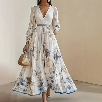 Women's Floral Print V-Neck Long Sleeve Maxi Dress A-Line Flowy Ruffled For Spring&Summer Vacation & Evening Party